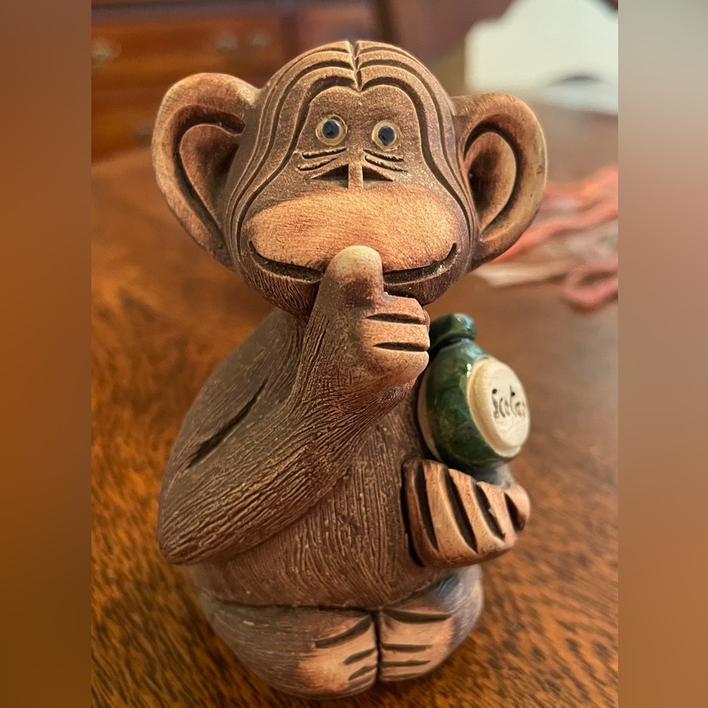 Wooden Monkey Figurine with Green Accent